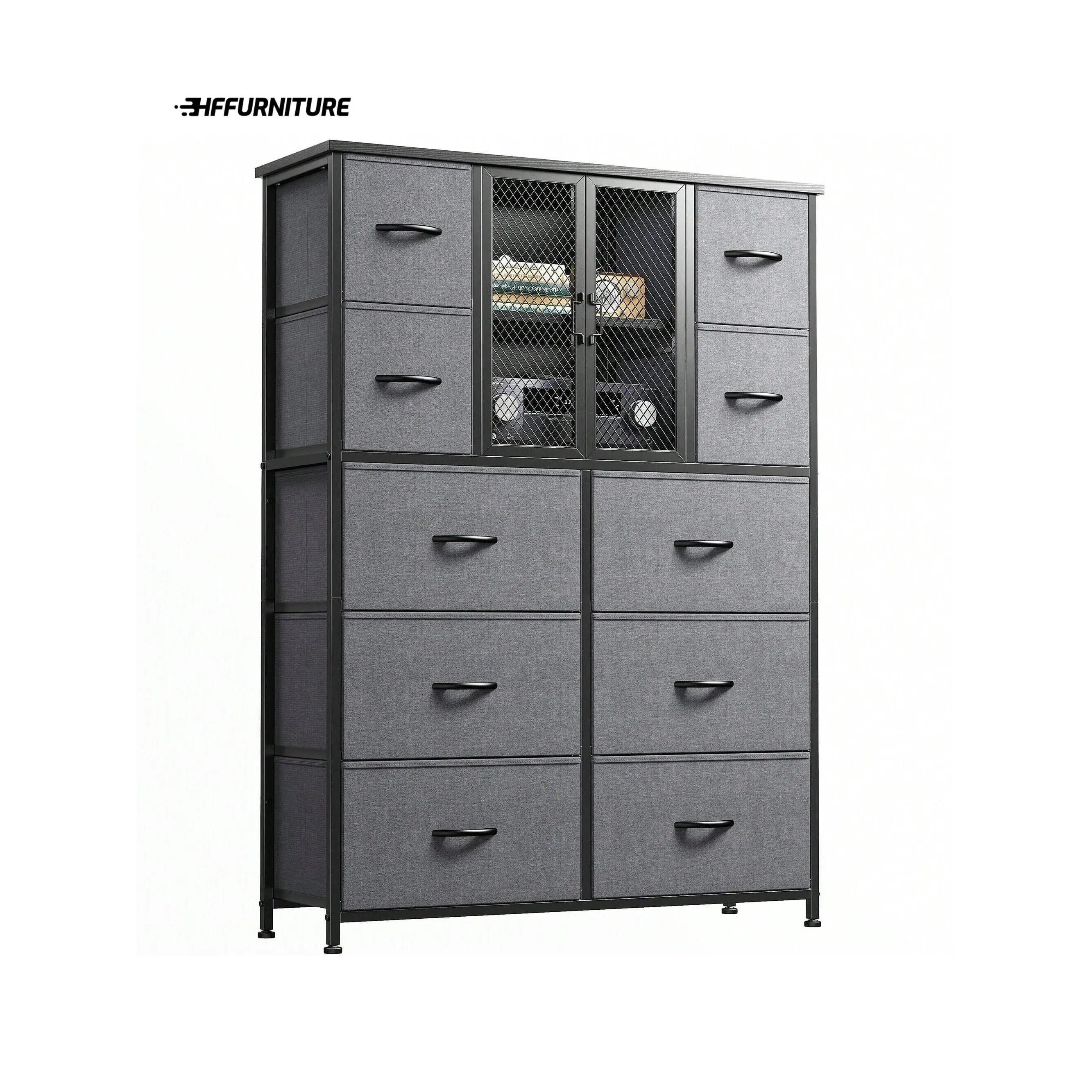 New 2024  Raybee Bedroom Mesh Door Tall Dressers Chests Of Drawers With 10 Fabric Drawer Morden Dresser Organizer Metal Frame Wood Top For Closet Entryway 38 Wx11.81 Dx48.1 H Black Grey Rustic Brown