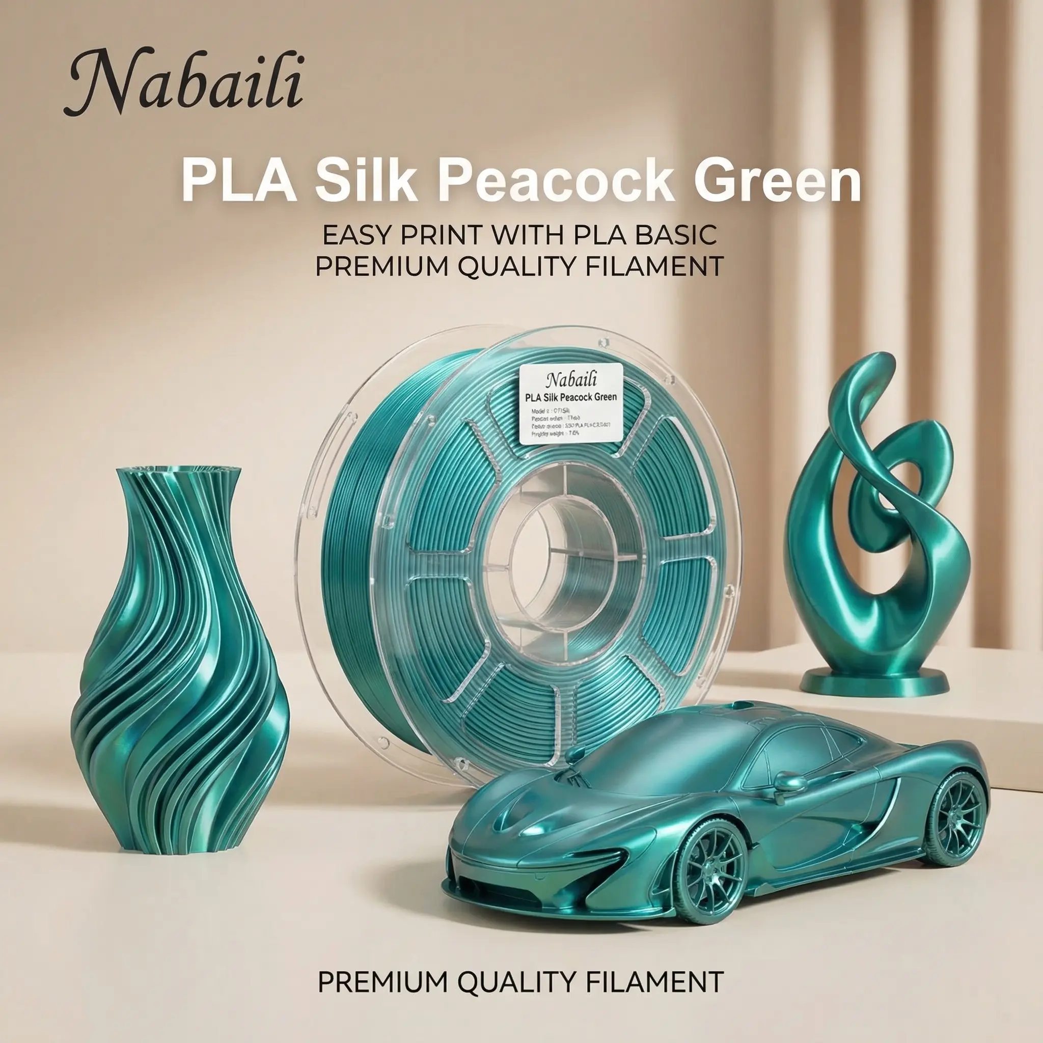 Nabaili Peacock Green PLA Silk 3D Printing Filament, Premium Quality, Easy to Print, Basic PLA-Compatible, Ideal for 3D Printing Projects, Pla Basic