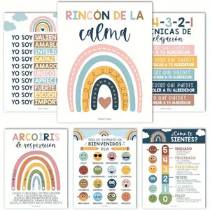 2D flat 6pcs Frameless Spanish - Language Calm Corner Wall Art Posters, 8x10inch Decor for Classroom Room, Artistic Prints of Rainbows, Affirmations Emotion Guides, Colorful Soothing Aesthetic