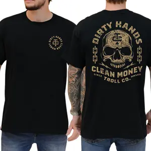Dirty Hand Clean Money Golden Skull 2-Sides Graphics T-Shirt, Blue Collar Graphics Shirt, Graphics Tee For Working, Men's Gifts, Casual Menswear, For Men