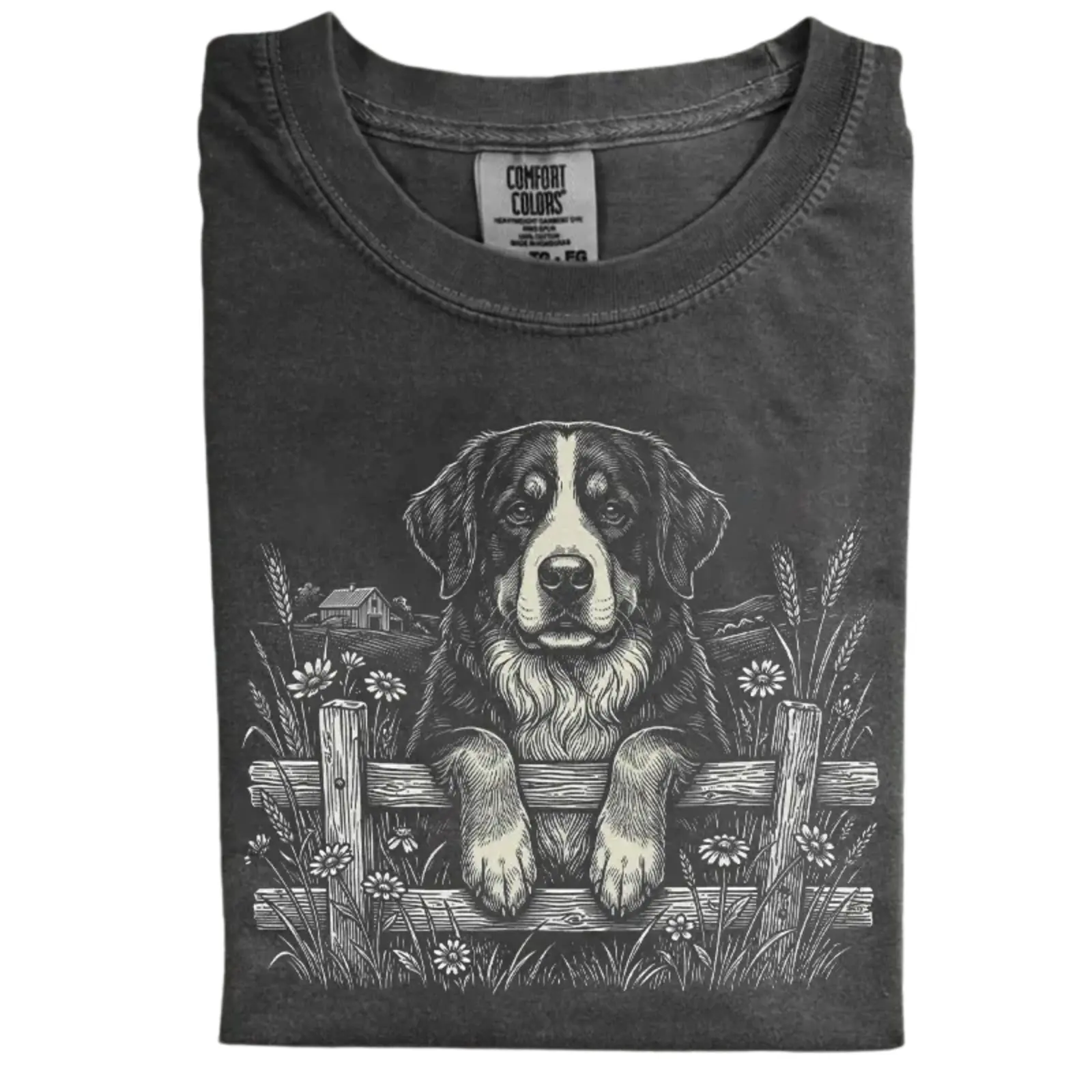 Vintage Bernese Mountain Dog Comfort Colors T-Shirt, Retro Country Cottagecore Dog Graphic Tee, Rustic Farm Fence Floral Design, Unisex Fit Design, Gift for Dog Lovers