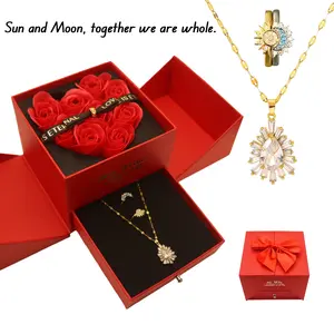 Sun & Moon Eternal Rose Gift Box - Matching Ring Set for Couples - Birthday,Valentine‘s, Christmas, Anniversary Gift for Her,Mother's Gift, Necklace Gift Box