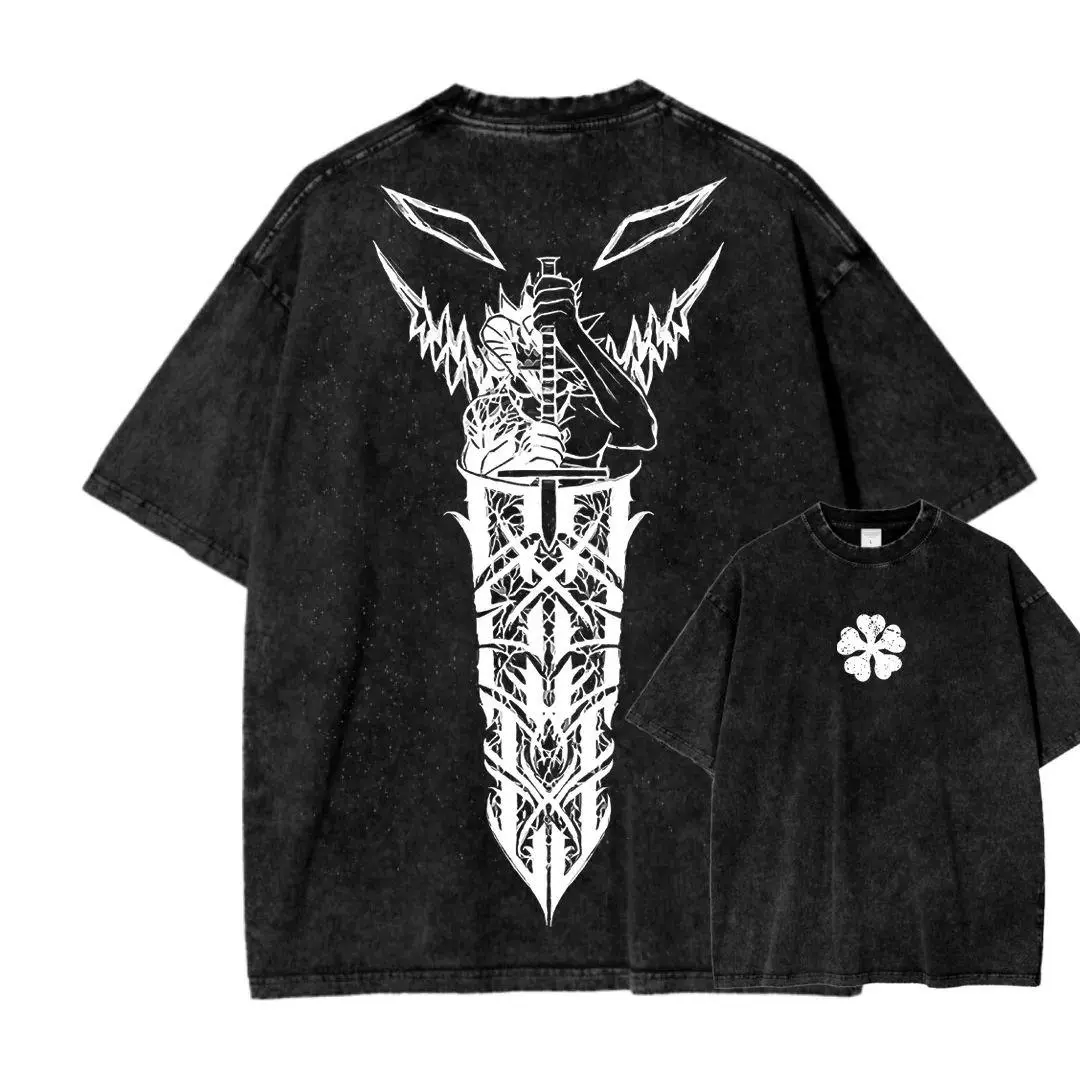 Black Clover Asta Liebe Oversized Graphic Tee Vintage Acid Wash Anime T Shirt Y2K Streetwear Gym Pump Cover Five Leaf Clover Tribal Sword Retro Manga Merch Tiktok Finds Trendy Dark Aesthetic Workout Fit Casual Top Japanese Activewear Mens
