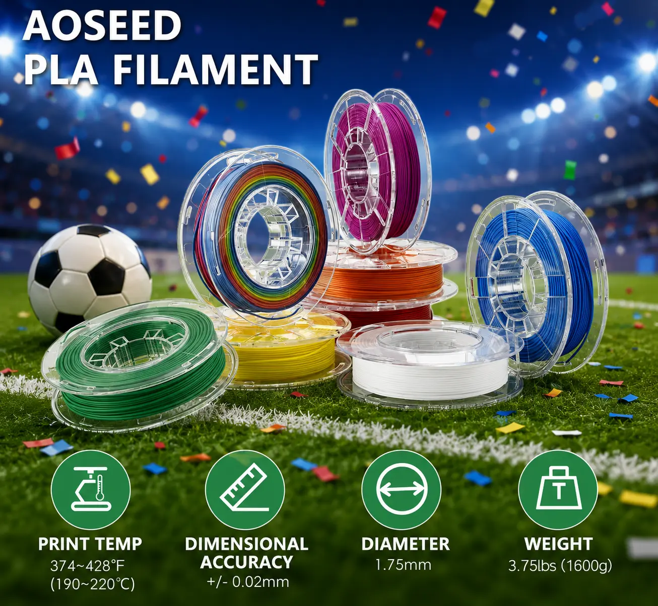 AOSEED 1.75mm PLA 3D Printer Filament, Multi-Color Rainbow Refill Bundle Set, Compatible with Most 3D Printing Equipment