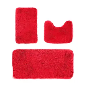 Bathroom Carpet Set Non slip Bath Mat Set 3-piece Soft and Comfortable Washable Red Bathroom Mat Set, Quick Drying, Comes with Toilet Carpet