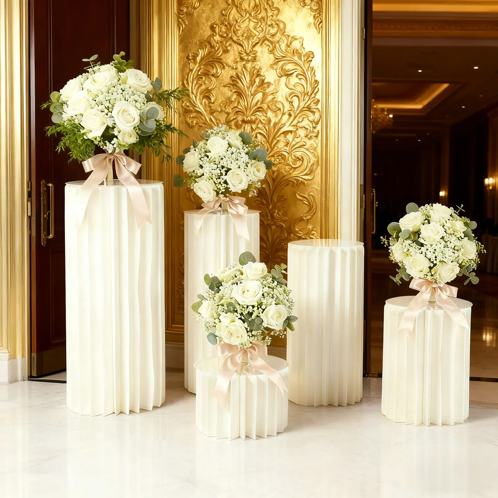 5-Piece Geometric Matte Honeycomb Cardboard Cylinder Flower Stand Set - Transparent Round PVC Tops, 2mm/0.08inch Thick, 110 lbs Load Capacity Each, DIY Backdrop Pedestals, 7.9in to 1m/3.3ft Tall, for Wedding Floral Decorations Centrepieces