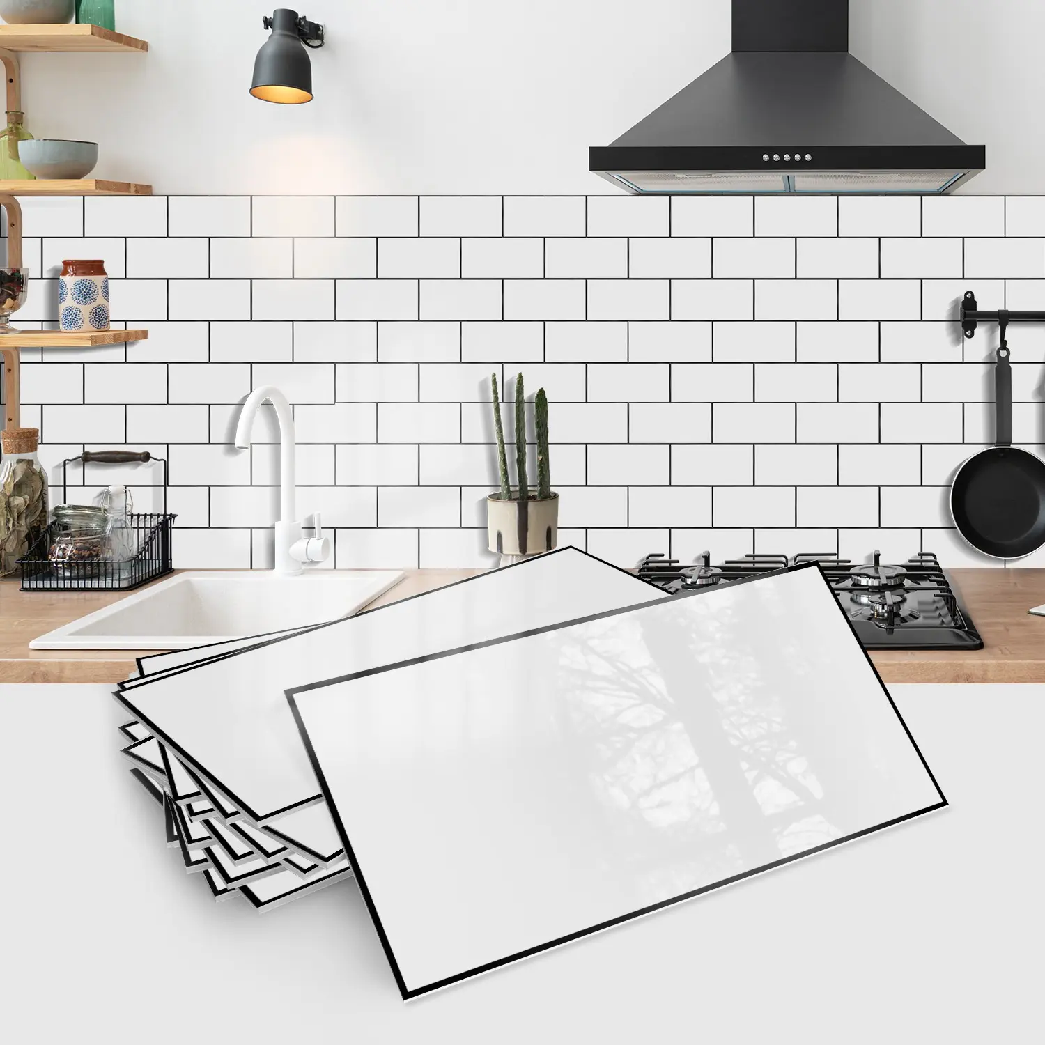 16PCS/32PCS SJM 3D Self-Adhesive White Subway Tile Stickers, Vinyl Wall Stickers with Black Grout Lines, PE Foam Waterproof & Moisture-Proof Wall Decals for Kitchen Backsplash Bathroom Laundry Room RV Fireplace DIY Home Decor