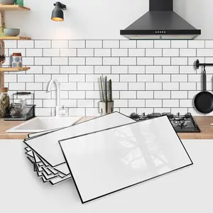 16PCS/32PCS/64PCS SJM 3D Self-Adhesive Decorative White Subway Tile Stickers with Black Grout Lines, PE Foam Thickened Crystal Film Waterproof & Moisture-Proof Wall Decals for Kitchen Backsplash Bathroom Laundry Room RV Fireplace DIY Home Decor