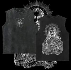 washed vest Sacred Heart Jesus Vintage Washed Oversized  | Christian Streetwear Heavy Cotton | Thy Kingdom Come Front & Jesus Art Back | Faith Inspired Gift Christmas Outfit