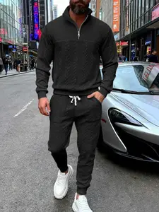 Men's Textured Jacquard Hoodie & Sweatpants Set, Zipper Stand Collar Pullover, Drawstring Waist Pants, Casual Sportswear for Fall Outfits, streetwear tracksuit set, men's clothing