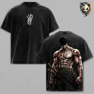 Zoro Anime Washed Tee – One Piece Vintage Manga T-Shirt, Cool Japanese Anime Graphic Shirt, Oversized Streetwear Trendy Otaku Gift, Aesthetic Shonen Anime Tee