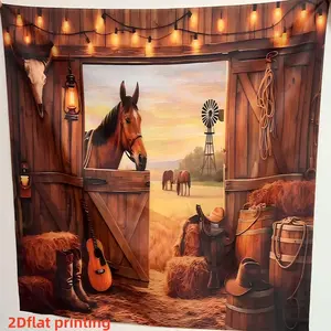 2D flat 1pc Western cowboy barn background fabric, retro ranch, wooden barn door, sunset grassland, horse, cowboy boots, guitar and string light elements, suitable for western theme parties, cowboy style birthday parties, multiple sizes available