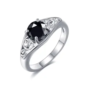 Black Tourmaline Ring in 925 Sterling Silver - October Birthstone Rings for Women - Engagement Promise Floral Statement Vintage Solitaire Tourmaline Jewelry Christmas Gifts for Womens