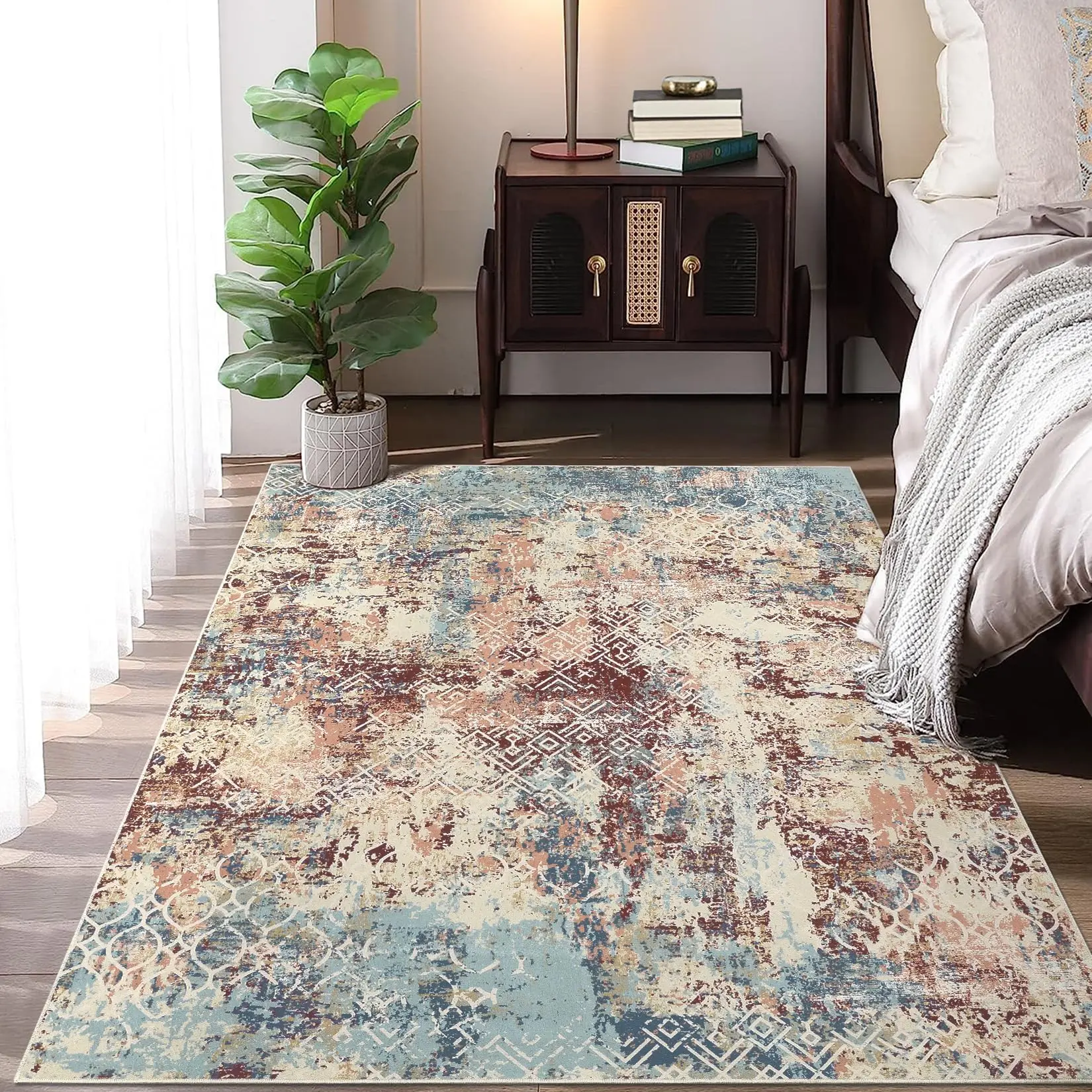【GARVEE】Modern Area Rugs and Runners - Machine Washable, Non-Slip, Low Pile, Soft, Stain Resistant in Various Sizes (2x6 to 10x13) and Colors (Blue/Pink, Camel/Green, Cream/Black) for Living Room, Dining Room, Bedroom, Kitchen, Bathroom