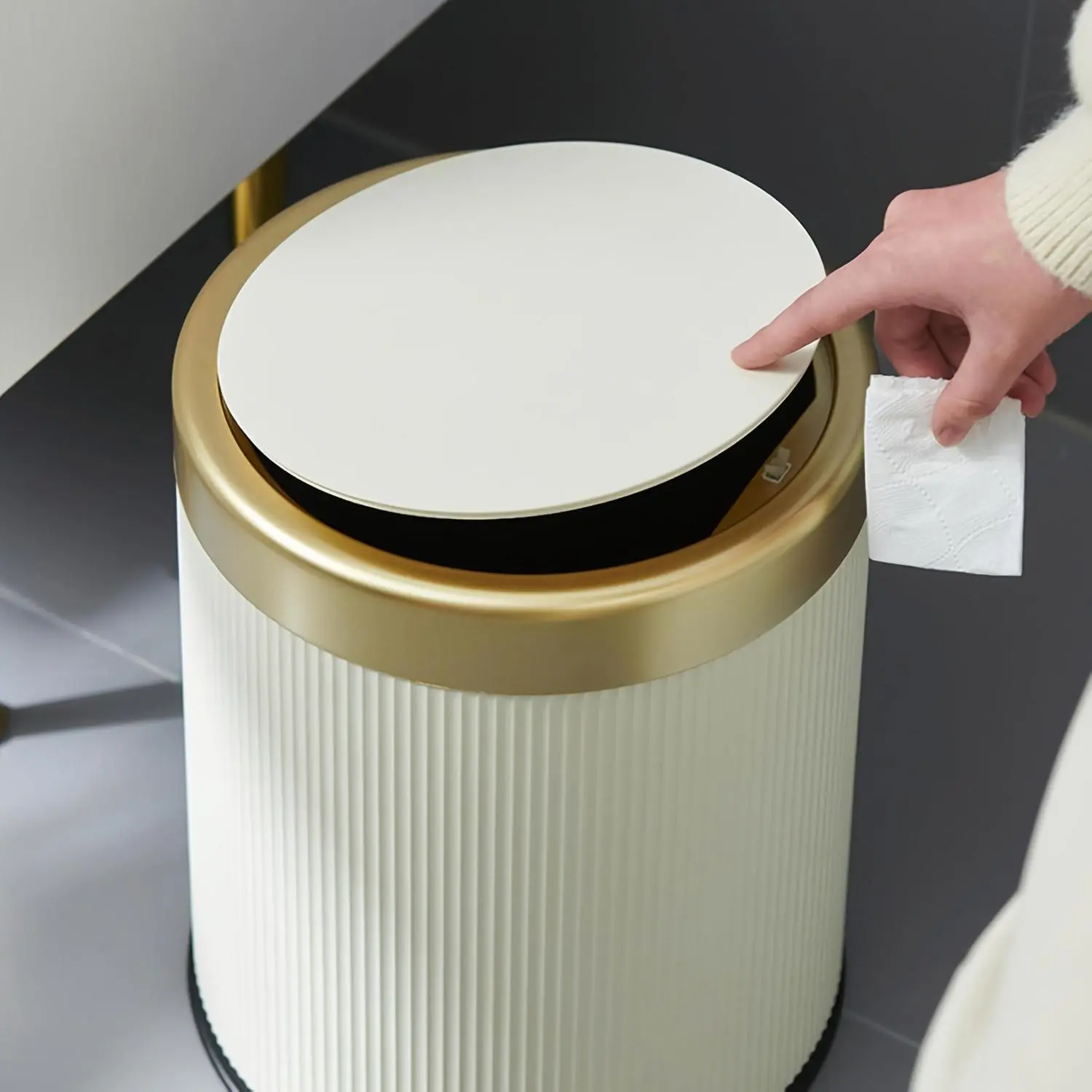 1pc 3.17gal Push-Top Plastic Waste Bin with Double Inner Bins, Odor-Resistant Oval Trash Can, Large Capacity Contemporary Rubbish Container for Kitchen Bedroom Living Room Bathroom, Available in Cream White and Interstellar Gray