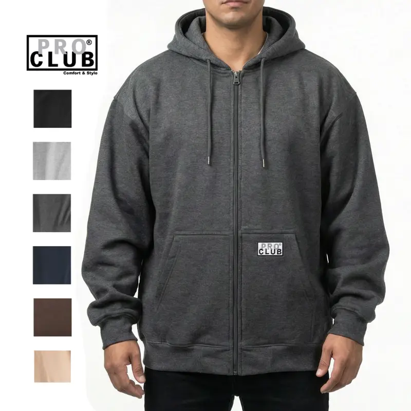 PROCLUB Men's Heavyweight Full Zip Fleece Hoodie Pro club Slash Pockets Casual Warm Heavy Plain Cotton Hip Hop