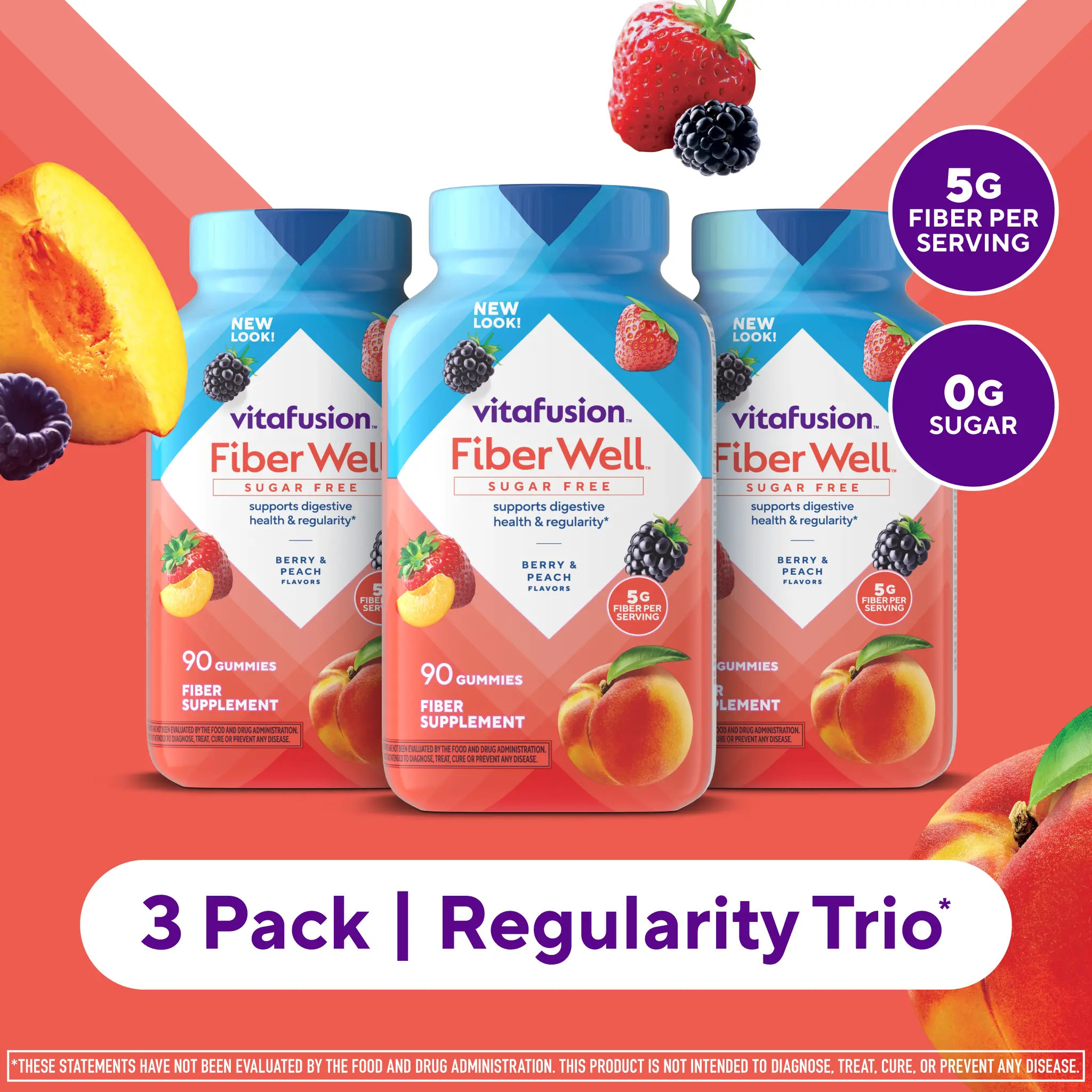 3x Vitafusion Fiber Well Sugar Free Gummies - Regularity Trio - 5g - Berry & Peach Flavor Fiber Gummies - Supports Digestive Health & Regularity - 270 Gummies - 3 Pack 3x Vitafusion Fiber Well Sugar Free Gummies - Regularity Trio - 5g - Berry & Peach Flavor Fiber Gummies - Supports Digestive Health & Regularity - 270 Gummies - 3 Pack