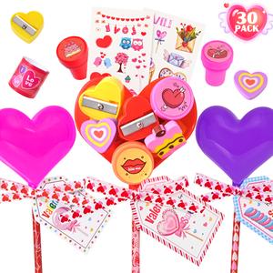 30 Pack Valentines Day Gifts for Kids - Glowing Heart Lollipop-Shaped Stationery Set with Valentine's Cards for School Classroom Class Party Favor Classroom School Exchange Birthday Party Gift