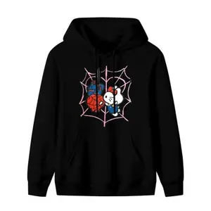 Viral TikTok Sanrio Hello Kitty and Spider-Man Couple spidermans hello kitty kissing Hoodies Kawaii Marvel x Sanrio Embroidery Matching Sweatshirt for Couples Daily Wear
