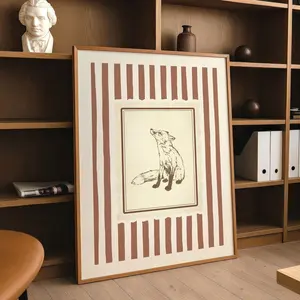 Vintage Frame Fox Wall Decor – Vintage Woodland Animal Cozy Illustration, Warm Brown Stripe Retro Frame, Rustic Cottagecore 1