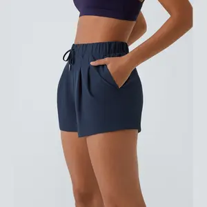 Halara High Waisted Elastic Waistband Drawstring Pleated Yoga Shorts 3" with Pockets