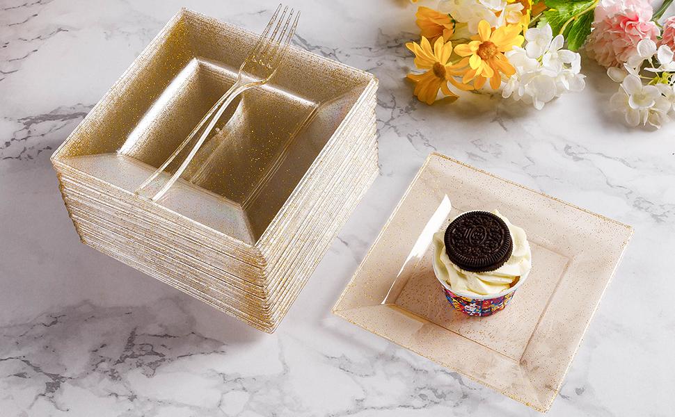 120PCS 6.5"Square Gold Glitter Dessert Plastic Plates with 7.4"Forks, Gold Appetizer Plates for 60 Guests, Including 60 Disposable Cake Plastic Plates and 60 Forks for Wedding/Birthday Party 120PCS 6.5"Square Gold Glitter Dessert Plastic Plates with 7.4"Forks, Gold Appetizer Plates for 60 Guests, Including 60 Disposable Cake Plastic Plates and 60 Forks for Wedding/Birthday Party