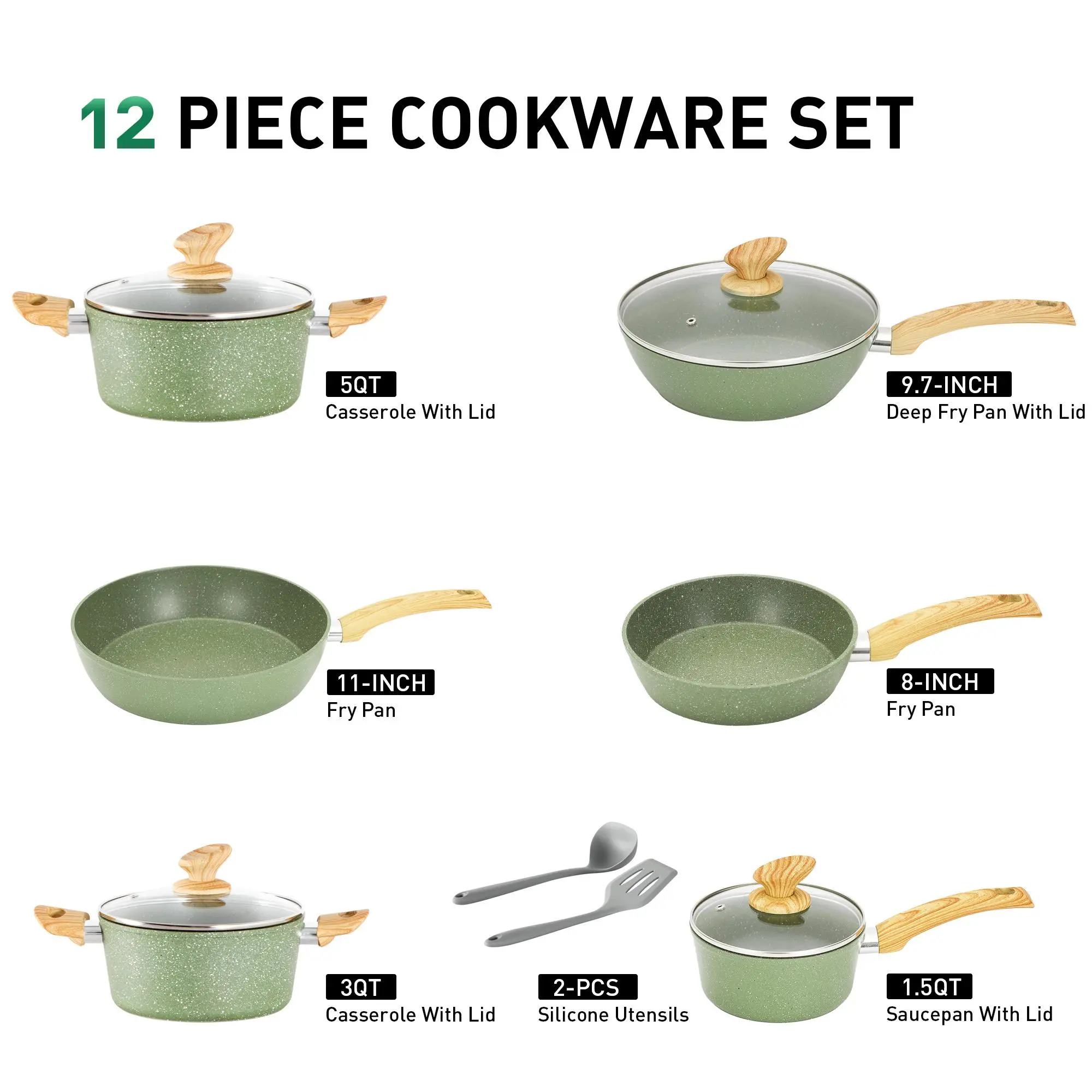 12 PCS Cookware Set-Green