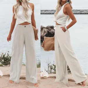 Molitree Women's Cotton Linen Pants Casual Summer Trousers High Waisted Wide Leg Dress Pants with Pockets Button Up Loose Fit