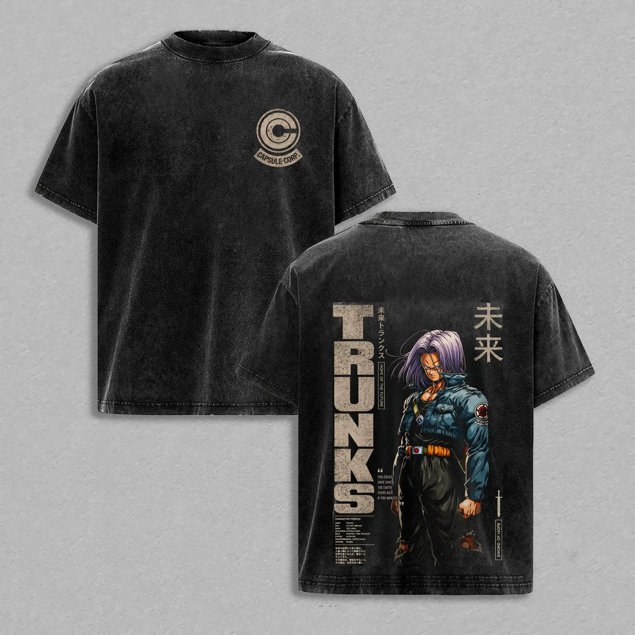 Menswear Oversized Vintage Washed Heavy Cotton Short Sleeve Tops - DBZ Future Trunks Capsule Corp Graphic Tee, Unisex Anime Manga Streetwear Fan Gift