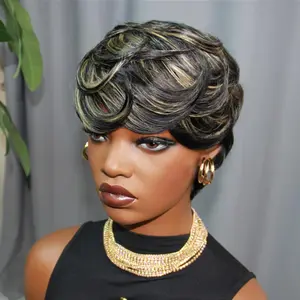 Women'S 6-Inch 1B/27/60 Pixie Cut Human Hair Wig with Bangs Glueless Easy to Wear Straight Layered Look Natural Look Daily Wear Cosplay Parties Short Hair Wig for Women