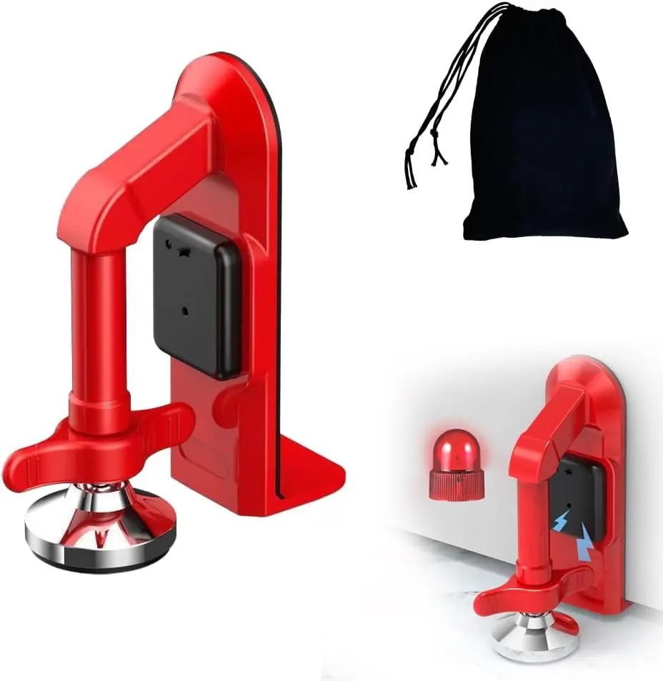 Portable Alarm Door Stopper - 80dB Anti-Theft Security Alarm Door Stoppers for Bottom of Door, Adjustable and Easy to Install for Home, Office, and Travel, Door Security Devices (Red)