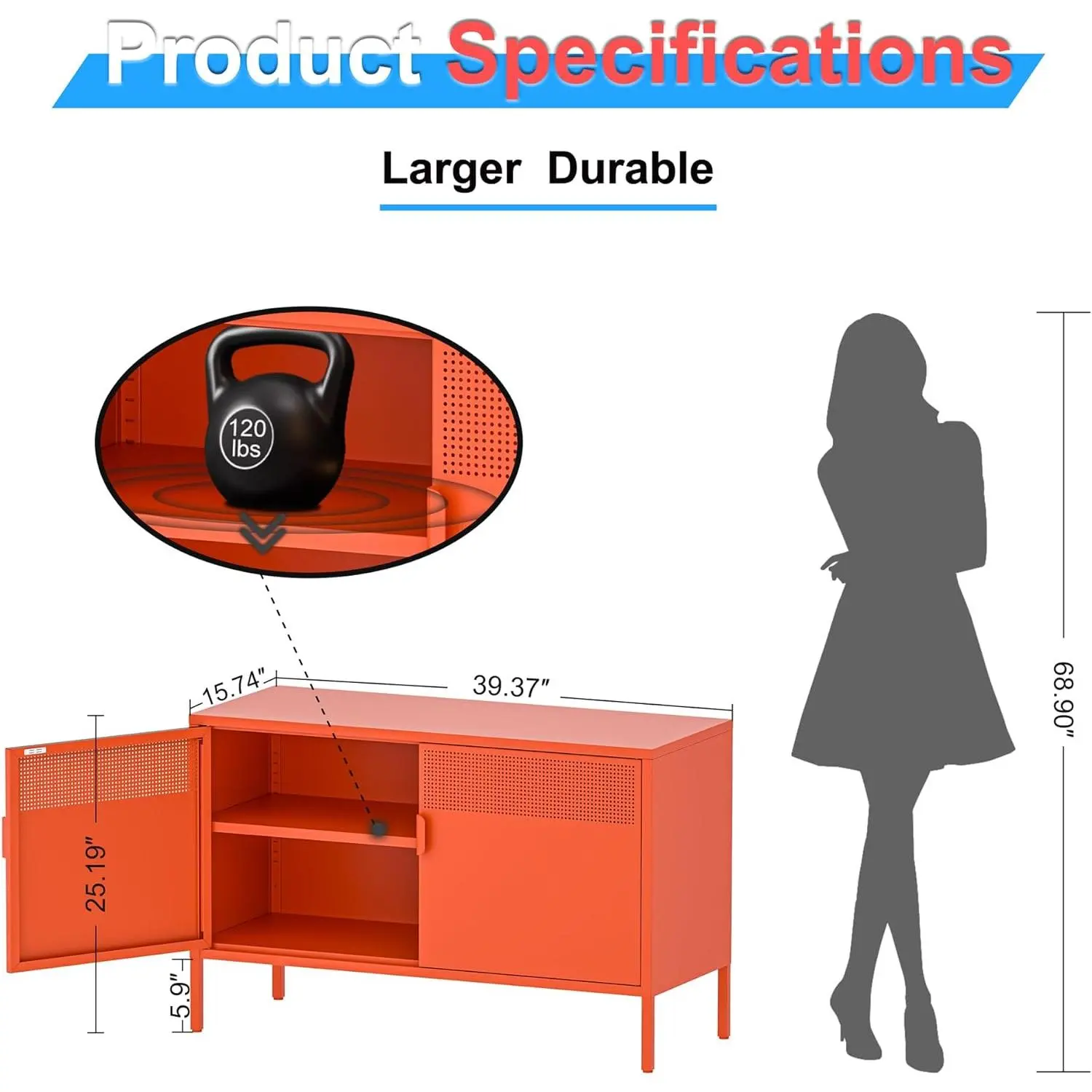 2 Door Accent Cabinet,Orange Metal Storage Cabinet with Adjustable Shelf,2-Tier Shelf,Multipurpose Metal Locker Storage for Office Home,Music Studio (Orange)