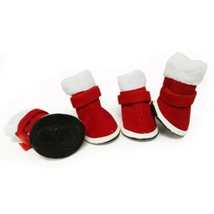 4Pcs/Set Christmas Puppy Shoes Dog Winter Dog Shoes Cute Red Santa Boots Warm Pet Shoes Faux Fleece Bootie Paw Warmer Cover Does not apply
