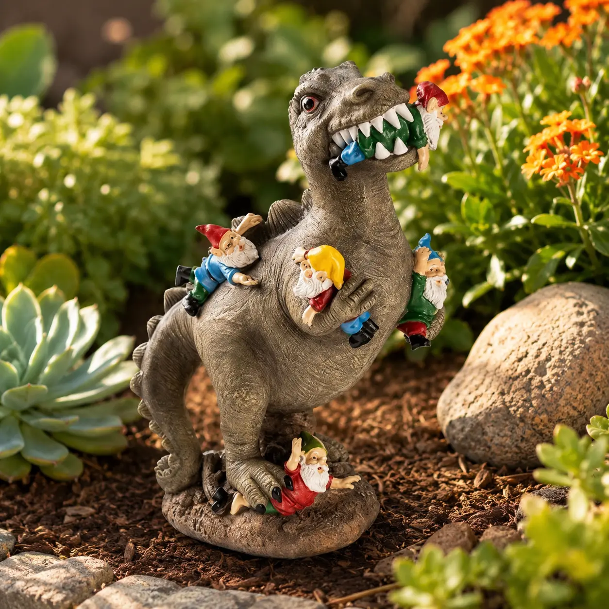 Dinosaur-themed garden decorations, creative cute gnome and dinosaur garden decor, resin craft, home garden decoration, garden gnome statues sports event souvenir