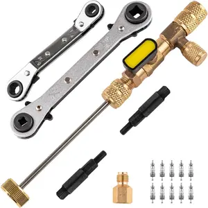 Valve Core Remover/Installer Tool & HVAC Service Wrench Set with Hex Adapters dual size sae