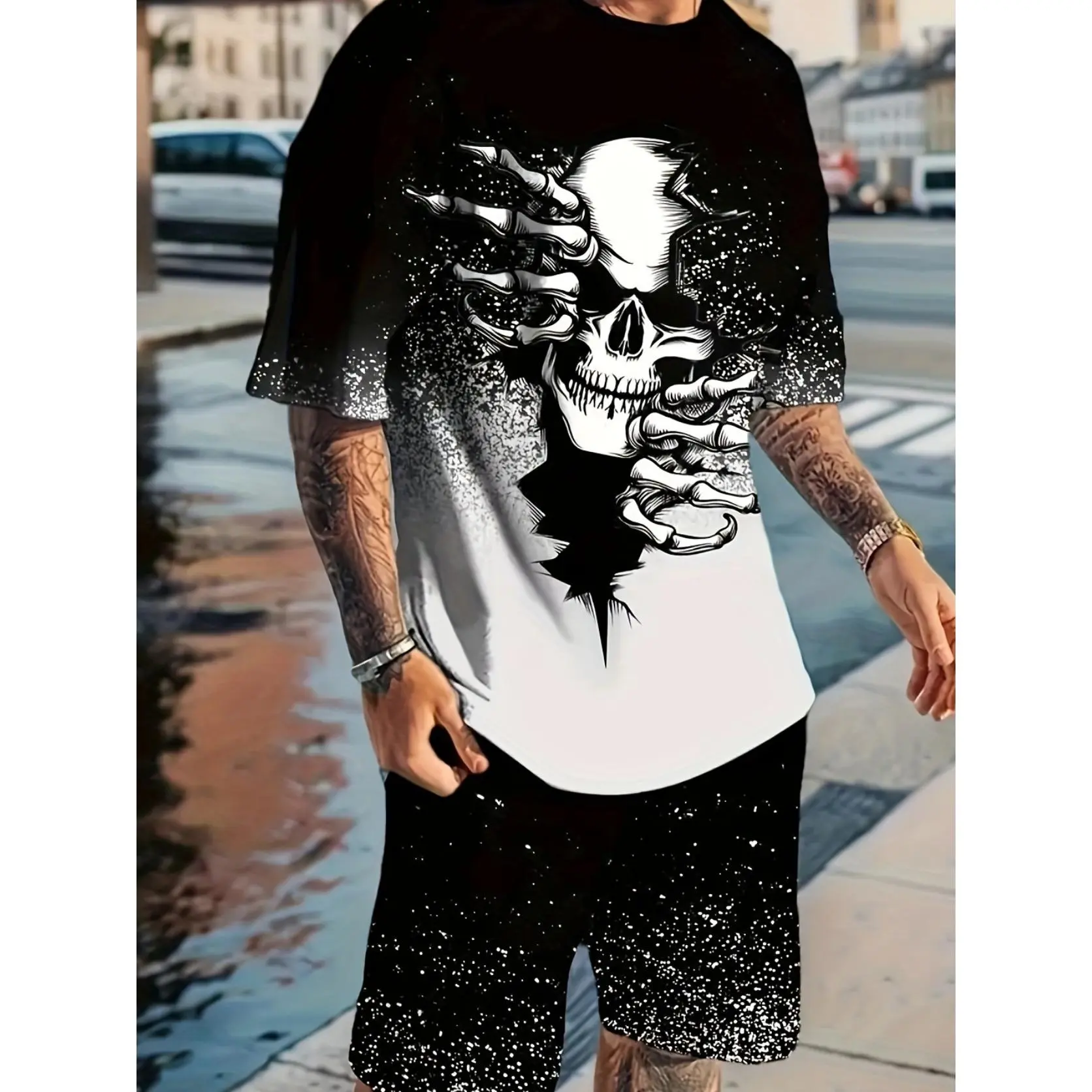 Men's 2-Piece Clothes Set, Casual Graphic Print Short Sleeve Polyester Fabric T-Shirt and Shorts with a Round Neck, Stretch, Menswear, Knit, Tops, Shortsleeve, Crew Neck
