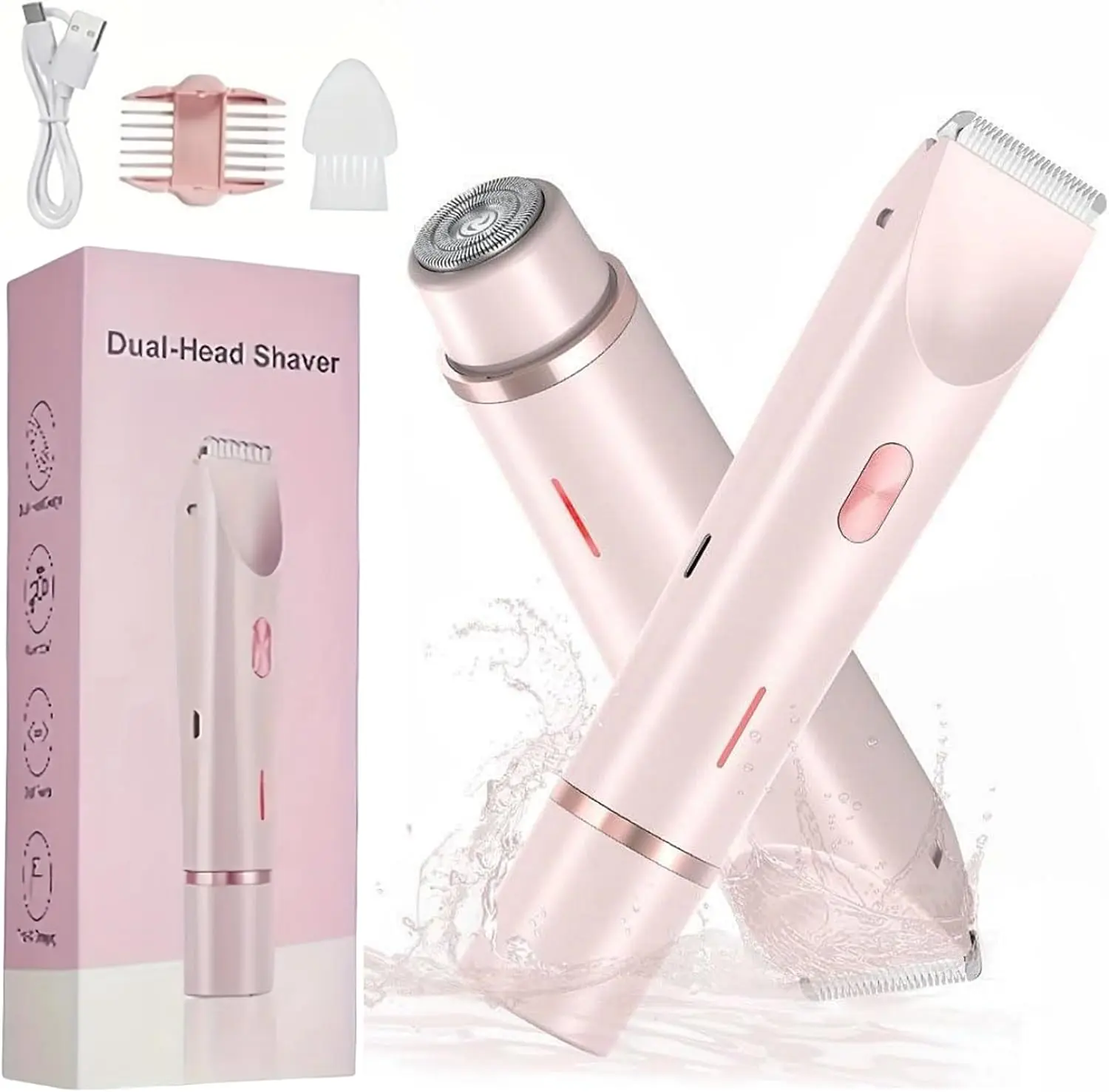 Women's 2-in-1 Tungsten Steel Bikini Trimmer & Electric Shaver, Waterproof Rechargeable Painless Hair Remover, Double Head Design for Gentle Close Shaves on Body & Facial Areas, Daily Grooming Tool, Bikini Shaver For Women