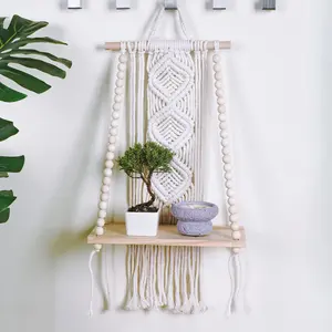Wooden Macrame Wall Hanging w/Shelf & Sturdy Beaded Rope - Handmade Modern Living Room Decor - Macrame Wall Decor to Securely Hold Plants & More - Beautiful Boho Decorations for Interior Design