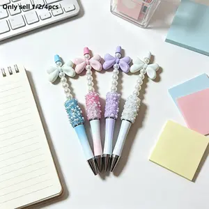 1/2/4 pcs High Beauty Beaded Pen, Beaded Ball Pen, Writing Pen, Minimalist Design, Butterfly Knot with Small Pearl, Available in Four Colors Cute Pink/Purple/Blue Stationery for Office/School/Gift