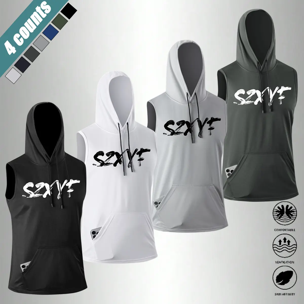 Men's 4-Pack Sleeveless Hooded Vests - 100% Polyester Solid Color Athletic Sportswear, Dry Fit Quick-Dry Moisture-Wicking Fitness Running Tops, Core Workout Men's Sports Singlet for Gym, Running, Dry Fit Athletic