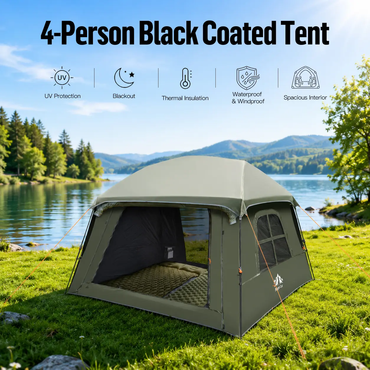 Night Cat 4-Person Blackout Cabin Tent, 7.9x6.9x5.2 ft Spacious Rainproof Model with Instant Setup, Vestibule & Rainfly, Family Camping Essential Sports & Outdoor Gear, Tents for Camping, Rainproof Tent