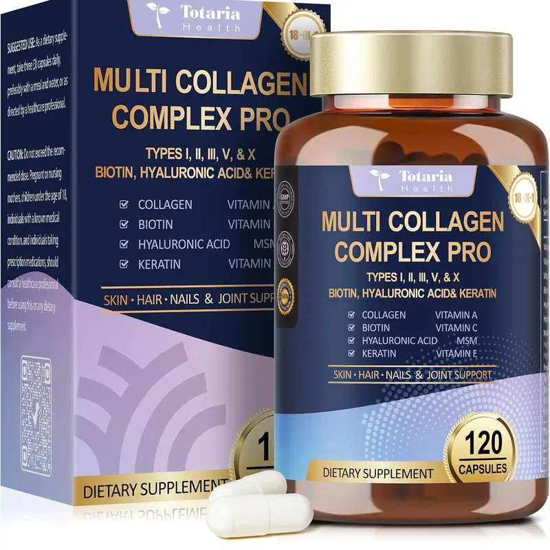 Totaria 18-in-1 Collagen Pro with Hyaluronic Acid, Keratin, Biotin, VIT A C & E for Skin, Hair, Nails, Joint & Beauty - 120 Caps for Women & Men
