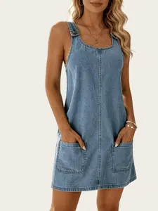 Casual Square Neck Sleeveless Medium Wash Denim Overall Dress Womenswear Summer, Loose Fit Slimming Effect, Comfortable and Stylish, Perfect for Daily Wear