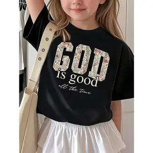 Girls' Christian faith-based T-shirts - "God is Good All the time" Bible tops - soft elastic knitted T-shirts, daily and church - black and white letters - lightweight summer shirts, young believers - girls' clothing, religial-inspired clothing