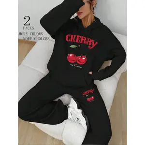 Women’s cherry print sweatshirt and pocket sweatpants set, casual long-sleeve pullover and jogger pants, autumn and winter clothing for daily wear, suits