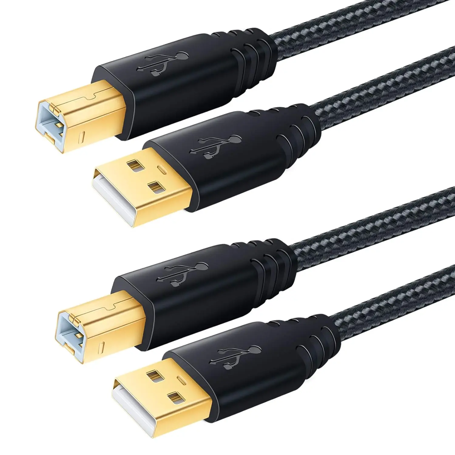 2-Pack 10FT USB 2.0 High-Speed A-to-B Printer Cables, Nylon Braided Gold-Plated Connector Anti-Twisting Cords Compatible with Samsung, HP, Canon Printers, Scanners, Xerox Copiers