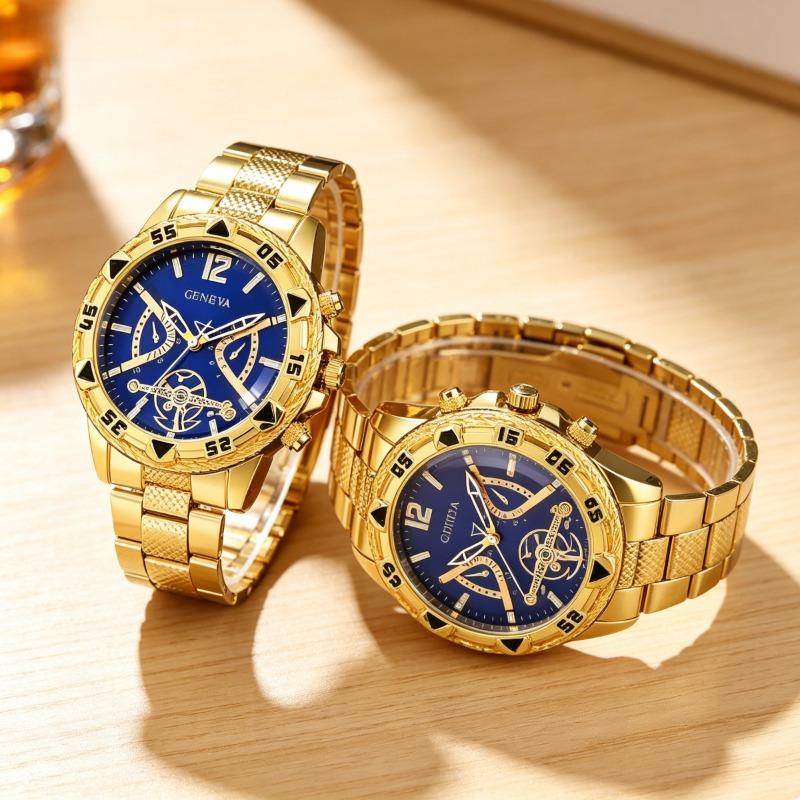 Hip-Hop Style Gold Watch Set | Rugged Chrono + Spear Necklace for Him