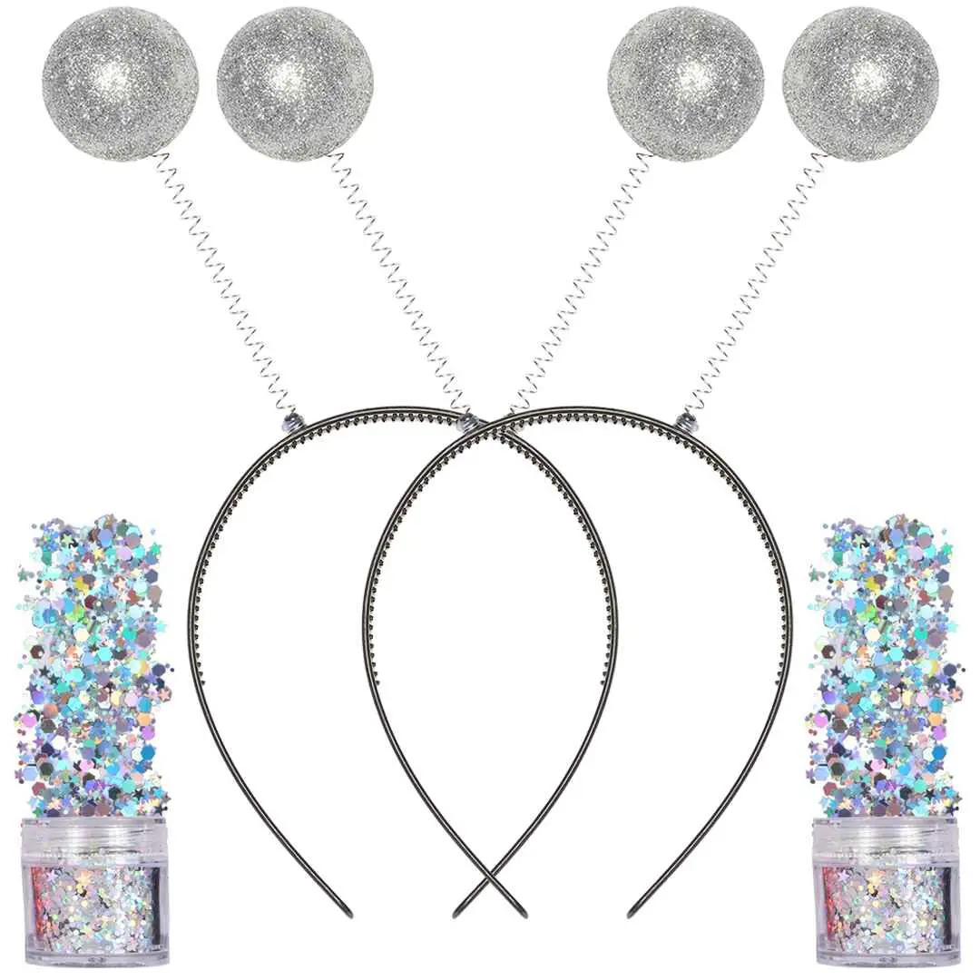 Silver Alien Headband with Chunky Glitter - Alien Costume Accessories for Women (2pcs) - FUNCREDIBLE
