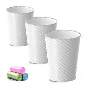 3 Pack 1.8 Gallons Small Round Plastic Trash Can with Trash Bags, Compact Waste Basket for Bathroom Living Room Bedroom Office Kitchen, White