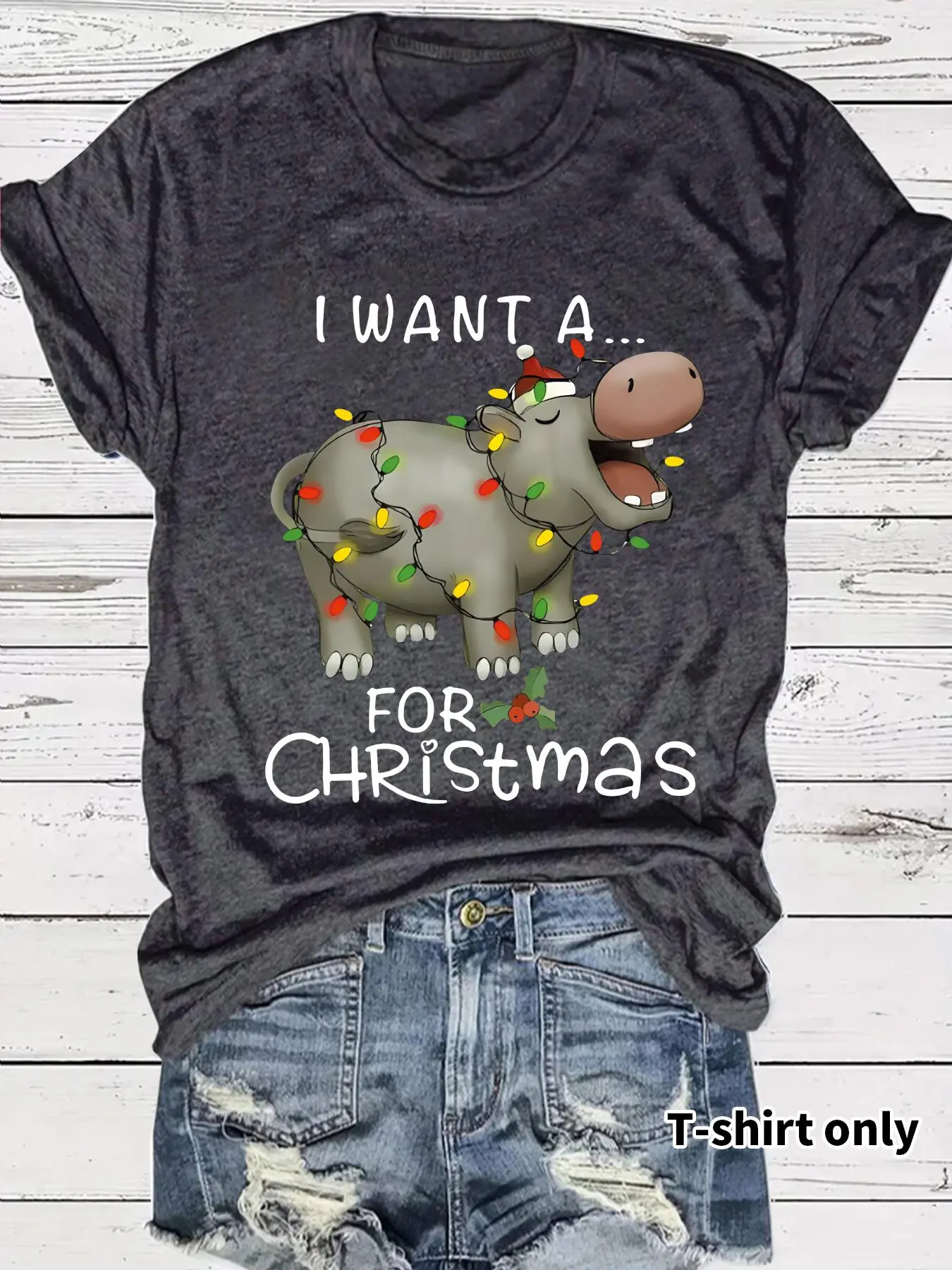 Women's Christmas Themed Hippo Print Round Neck Tee, Casual Fashion Short Sleeve T-shirt for Summer, Ladies Clothes for Daily Wear